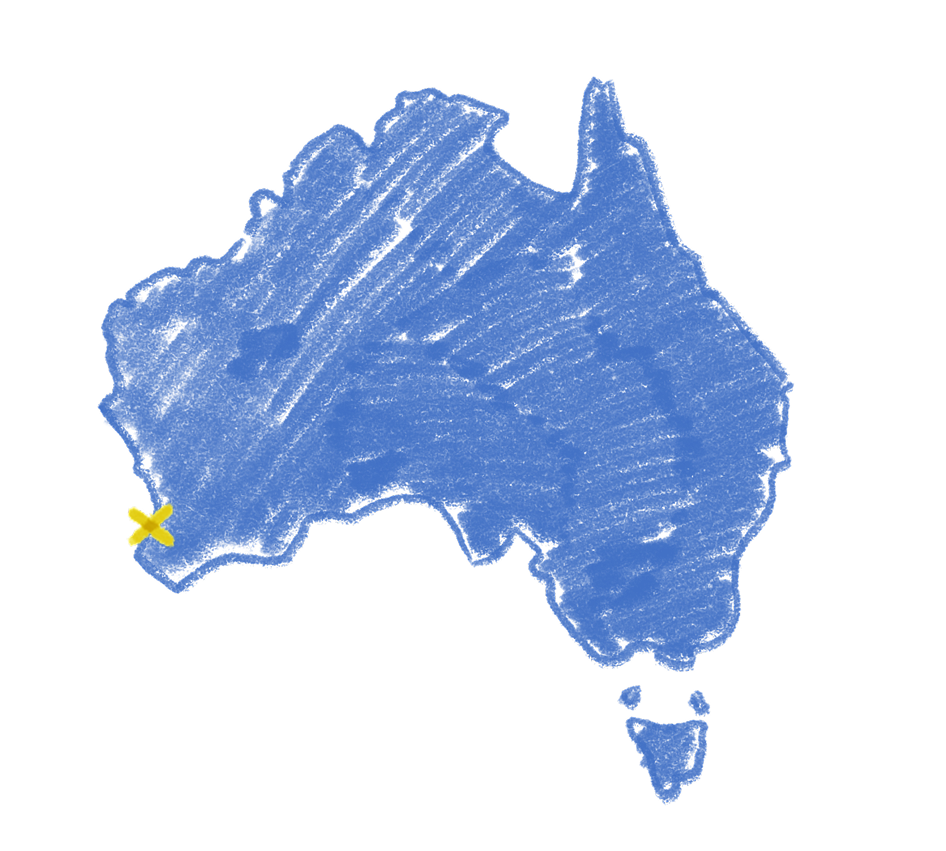 Hand drawn illustration of Australia. It's in pencil and coloured in messily as if drawn by a child includes a x on the city of Perth