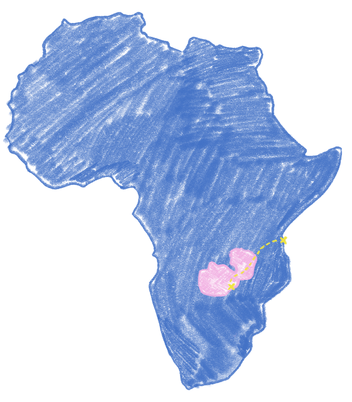 Hand drawn illustration of the African continent in blue pencil, with the country of Zambia highlighted in pink pencil includes a path from tanzania to Lusaka marked with x at the departure and destination points and a dashed line on the route