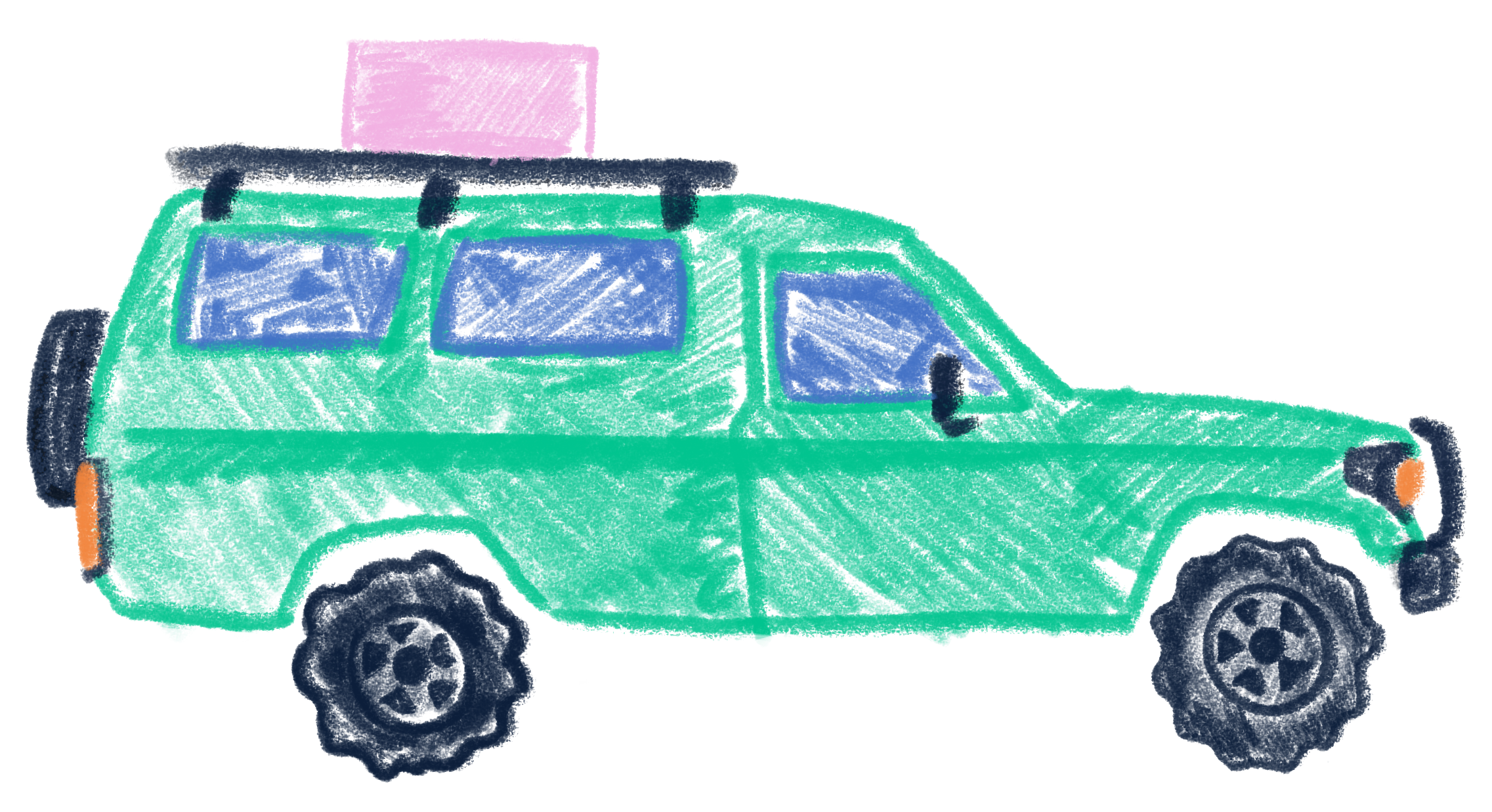 A pencil drawn Toyota land cruiser in a mint green, shown with a pink box on top of the roof