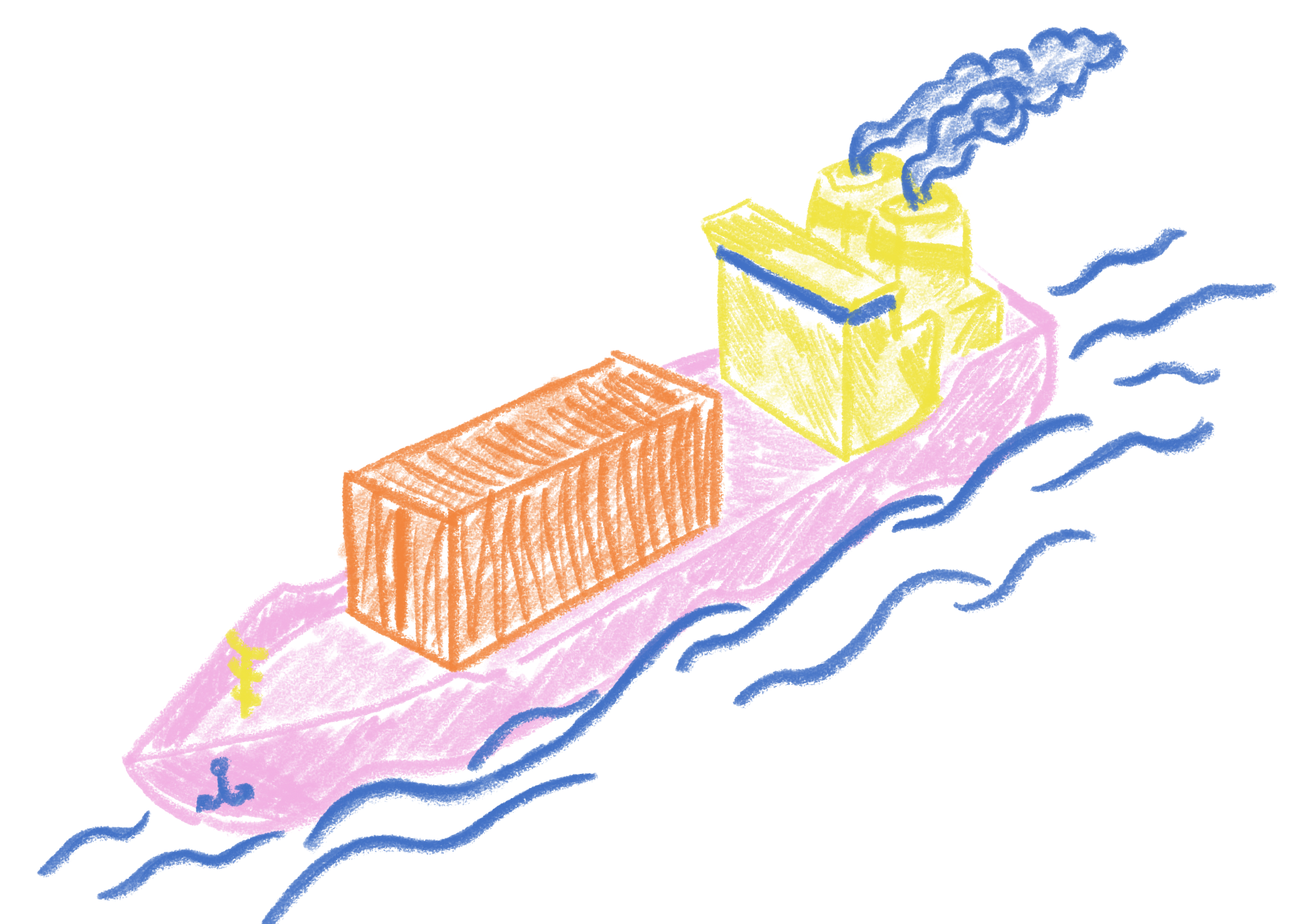 Child like drawing of a shipping container boat. The boat is pink, and the container on it is orange, there is some waves around it as well