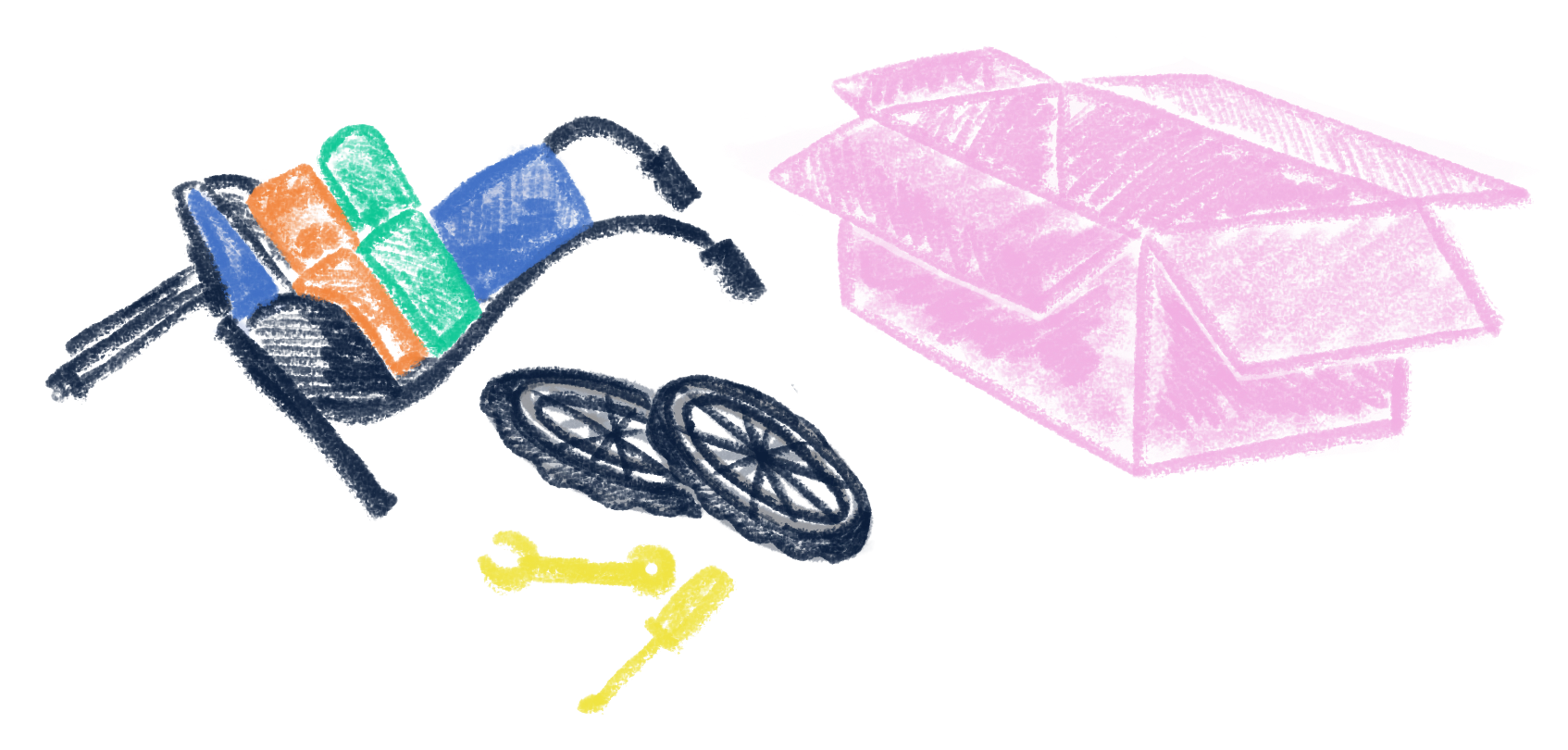 A hand drawn pencil picture of parts of a special wheelchair for children being built, with a pink box and yellow tools
