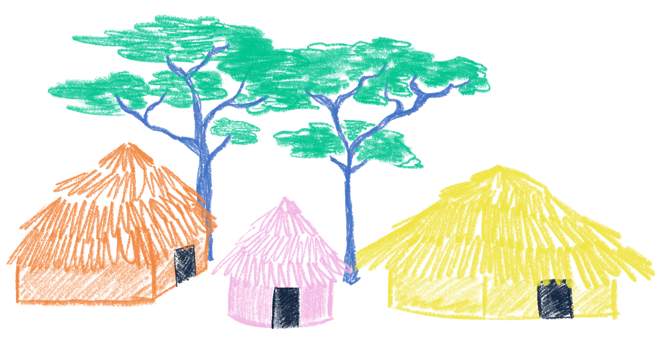 A rural village in zambia hand drawn with pencil, it shows 3 clay huts in orange, pink and yellow respectively of different sizes. At the back there is a 3 acacia trees